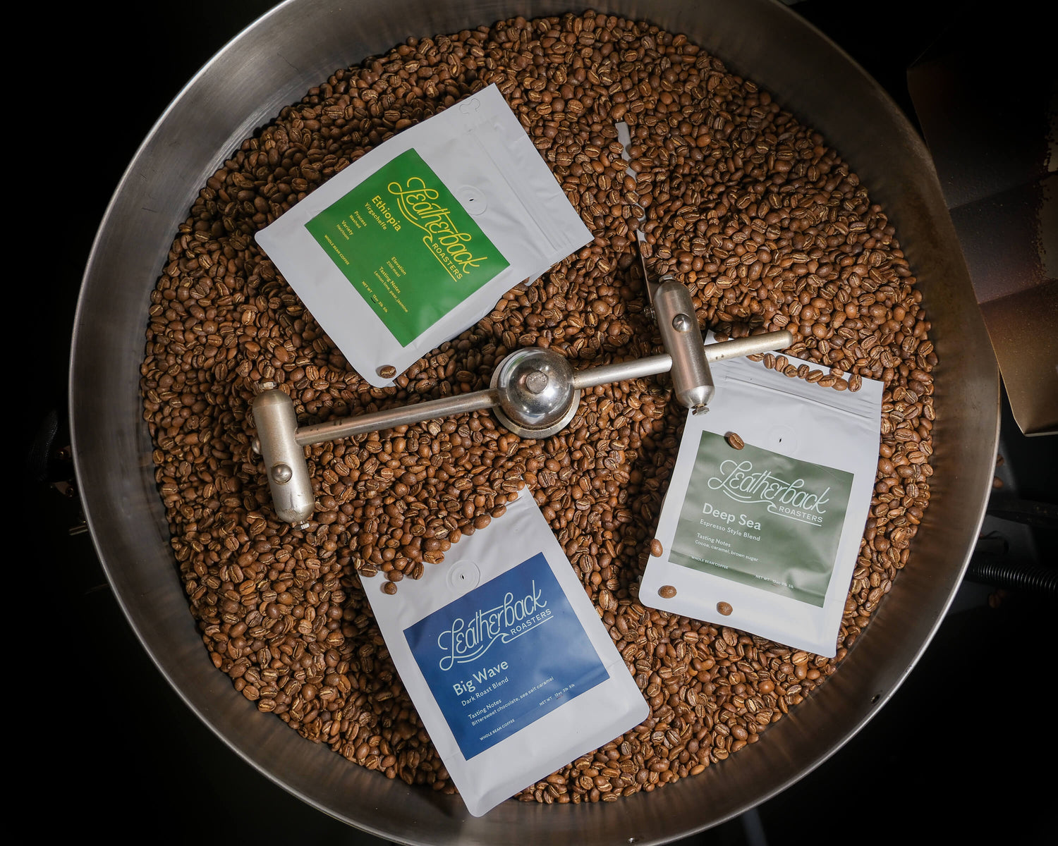 Coffee Bags in a coffee roaster cooling tray