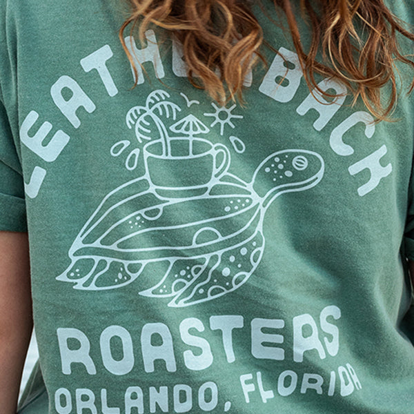 Model wearing Leatherback Roasters t-shirt