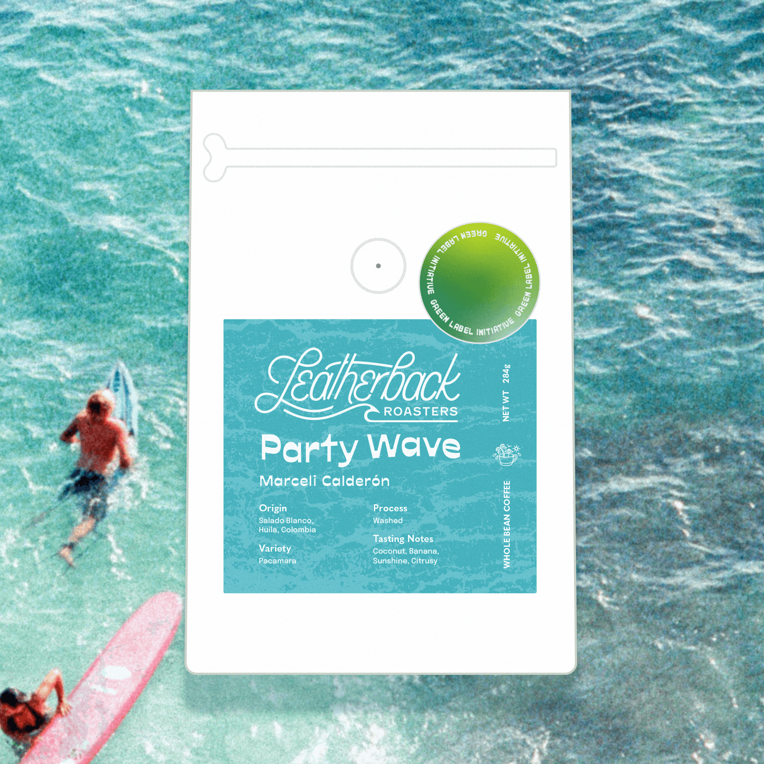 Green Label Initiative Bag of Coffee with Label that reads "Party Wave"
