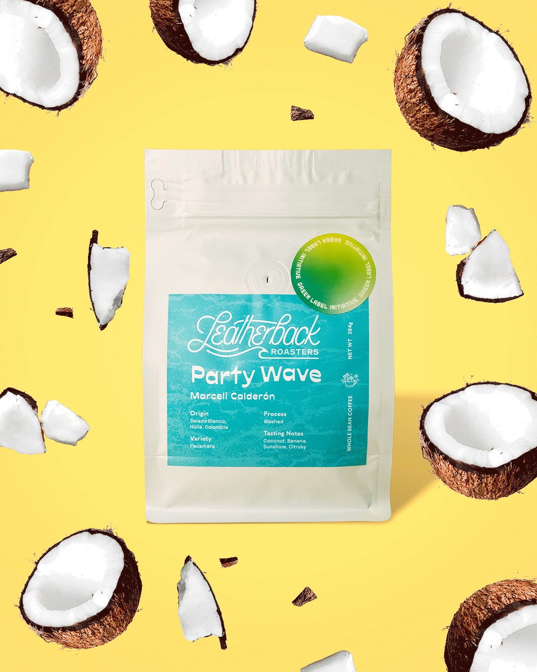 Green Label Initiative Bag of Coffee with Label that reads "Party Wave"