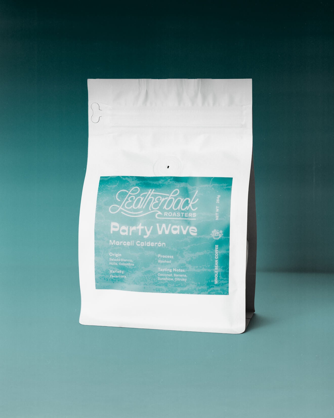A white valved coffee bag labeled Leatherback Roasters Party Wave, standing on a teal surface against a matching teal background.