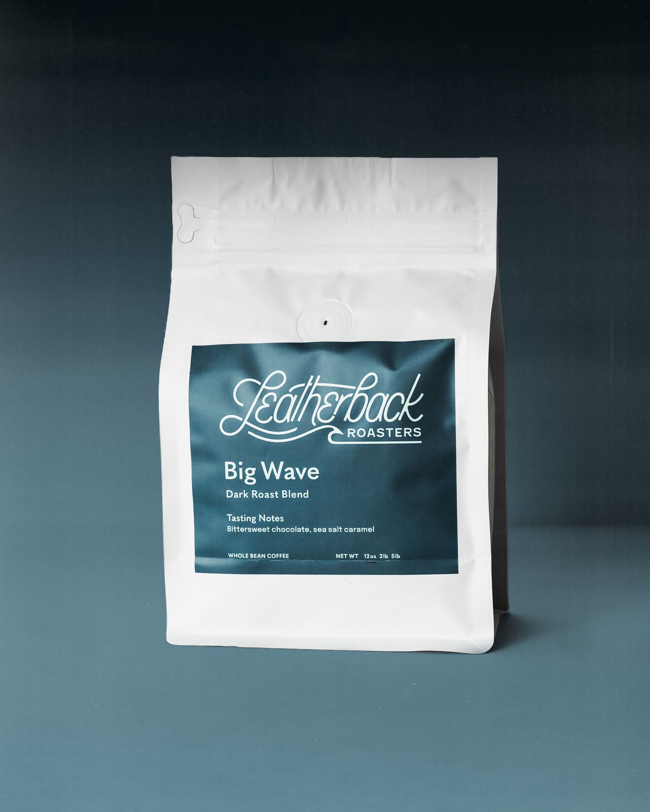 A white stand-up coffee bag labeled Leatherback Roasters Big Wave Dark Roast Blend, photographed against a dark blue gradient background.