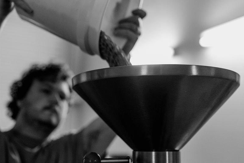 Person pouring coffee into a roaster hopper with a blurred background