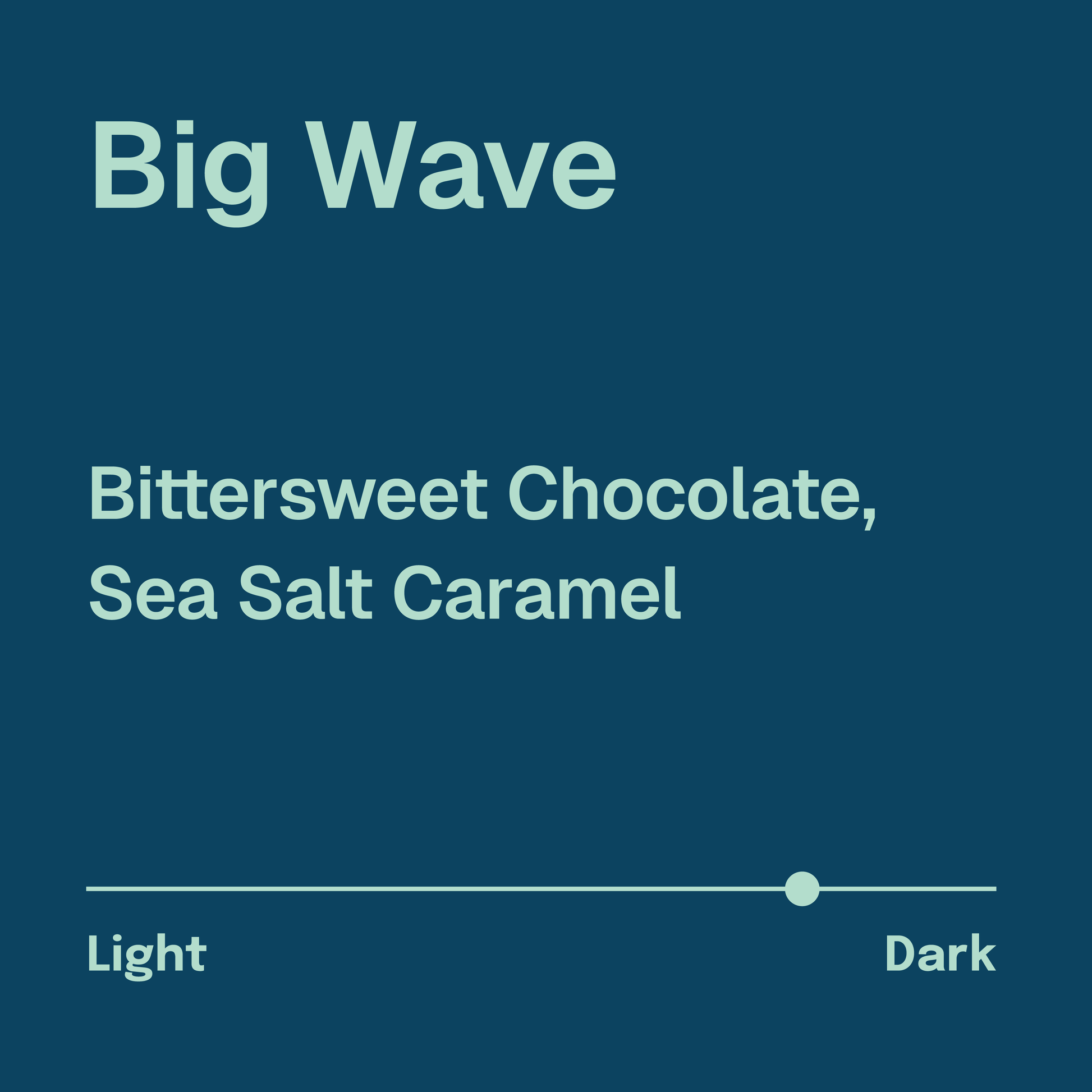 Big Wave Coffee Description. Tasting notes: bittersweet chocolate, sea salt caramel. Dark roast. Light blue text on a blue background.