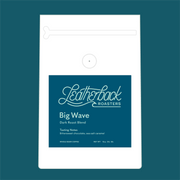 Leatherback Roasters Big Wave Dark Roast coffee package on a blue background.