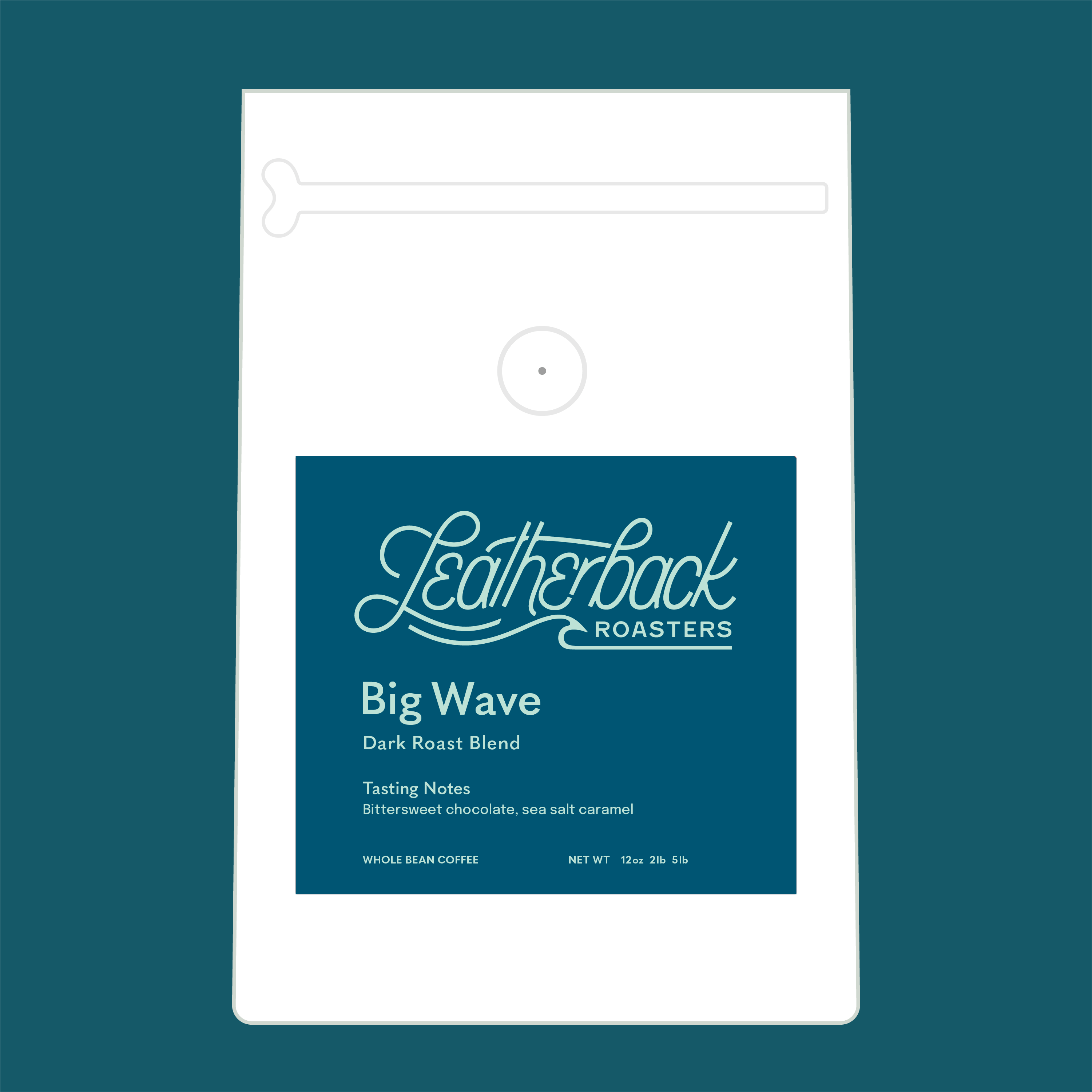 Leatherback Roasters Big Wave Dark Roast coffee package on a blue background.