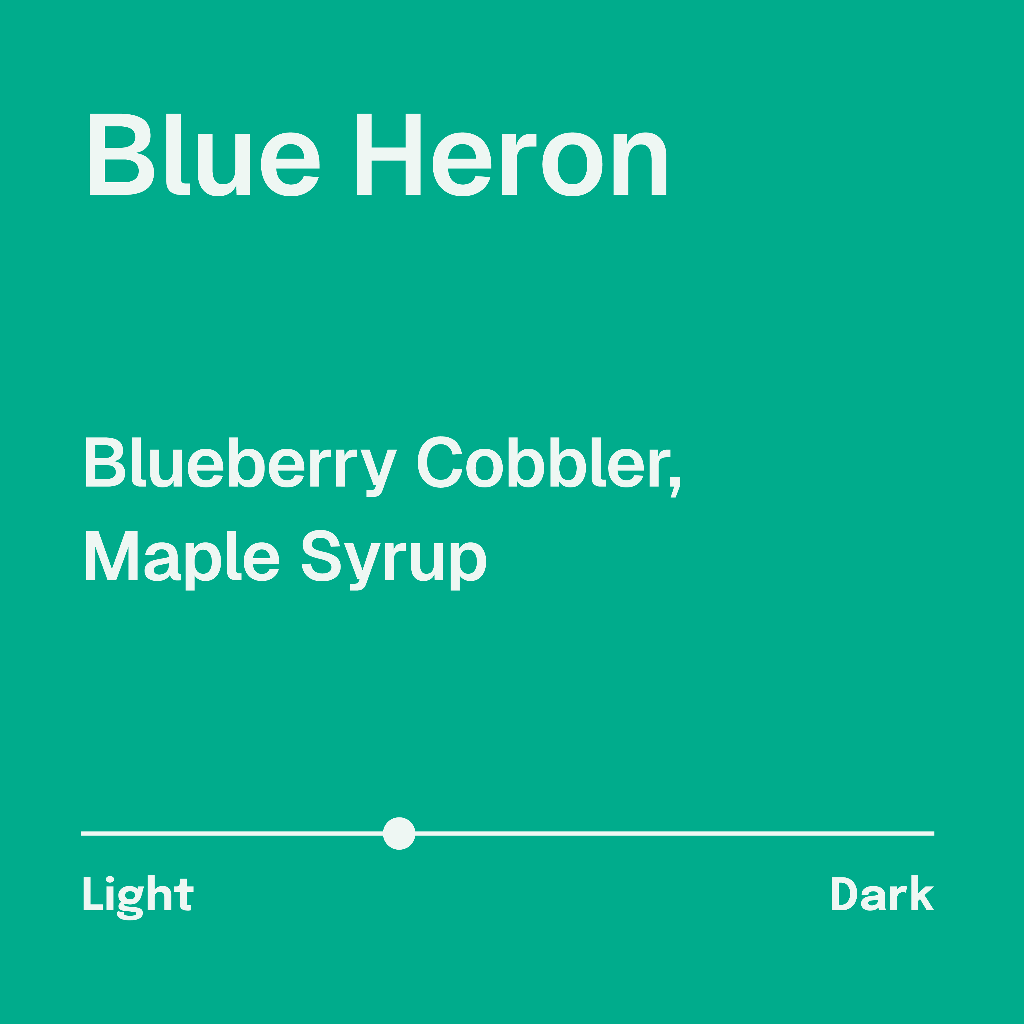 Blue Heron Coffee Description. Tasting notes: Blueberry Cobbler, Maple Syrup. Medium-light roast. Light blue text on a bright teal-blue background.