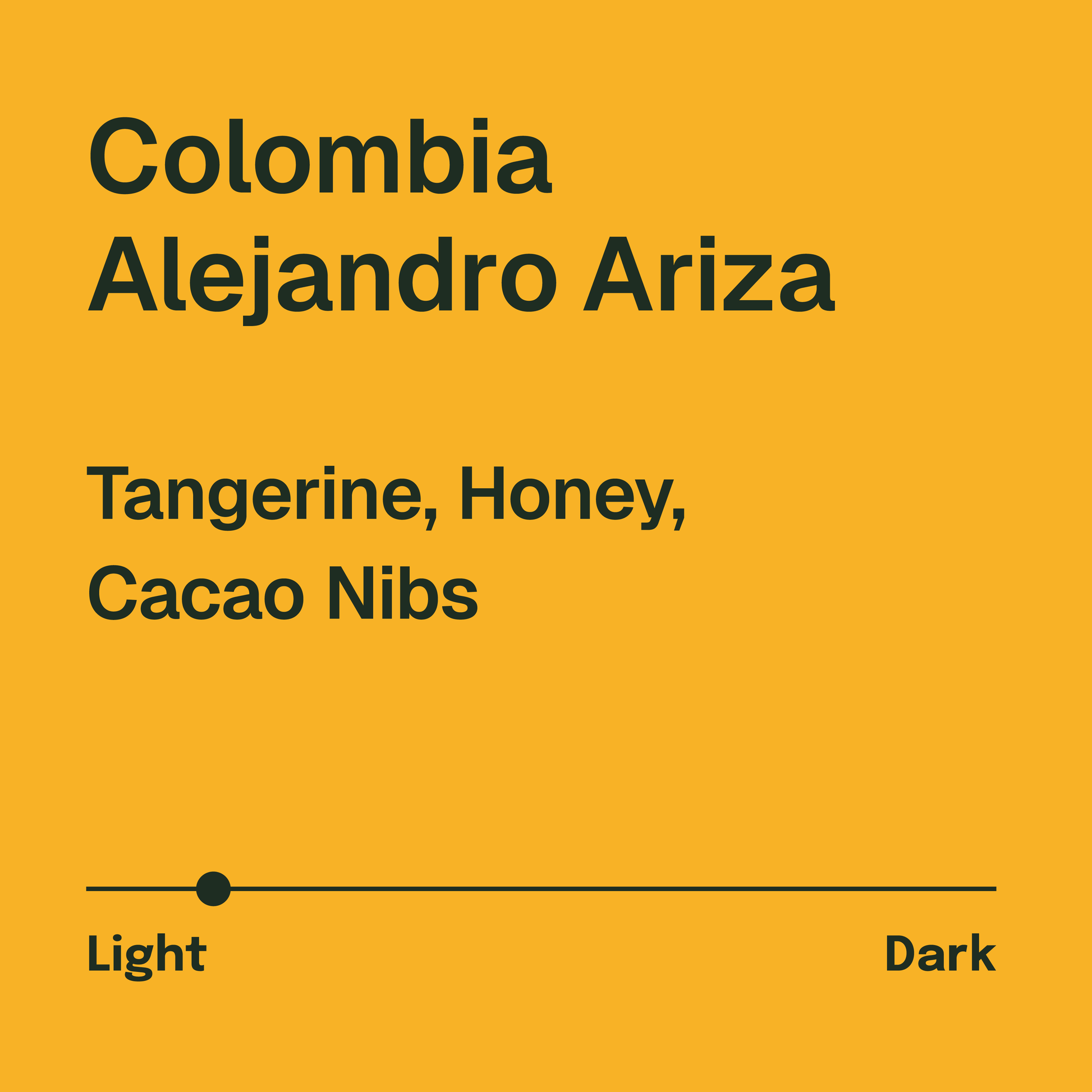 Colombia Alejandro Ariza Coffee Description. Tasting Notes: Tangerine, Honey, Cacao Nibs. Light Roast. Navy blue on a Bright Tangerine Orange Background.