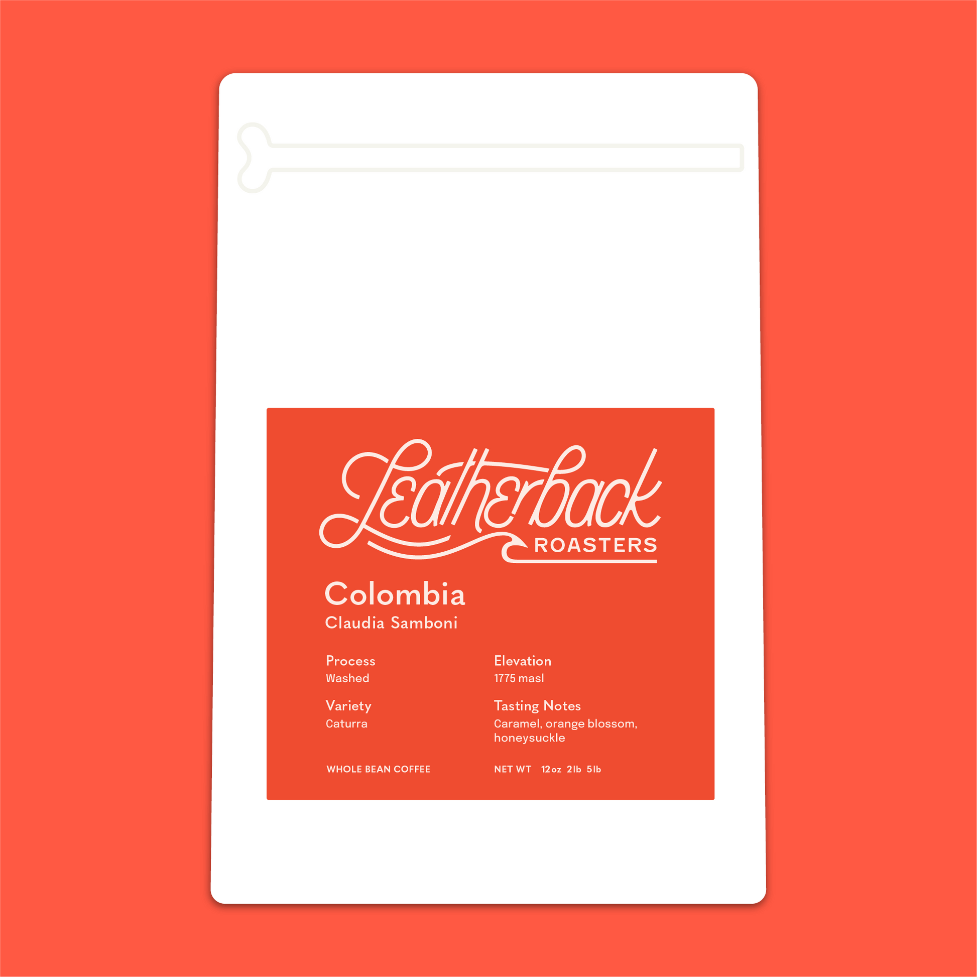 White Leatherback Roasters coffee bag with orange label Colombia Claudia Samboni.