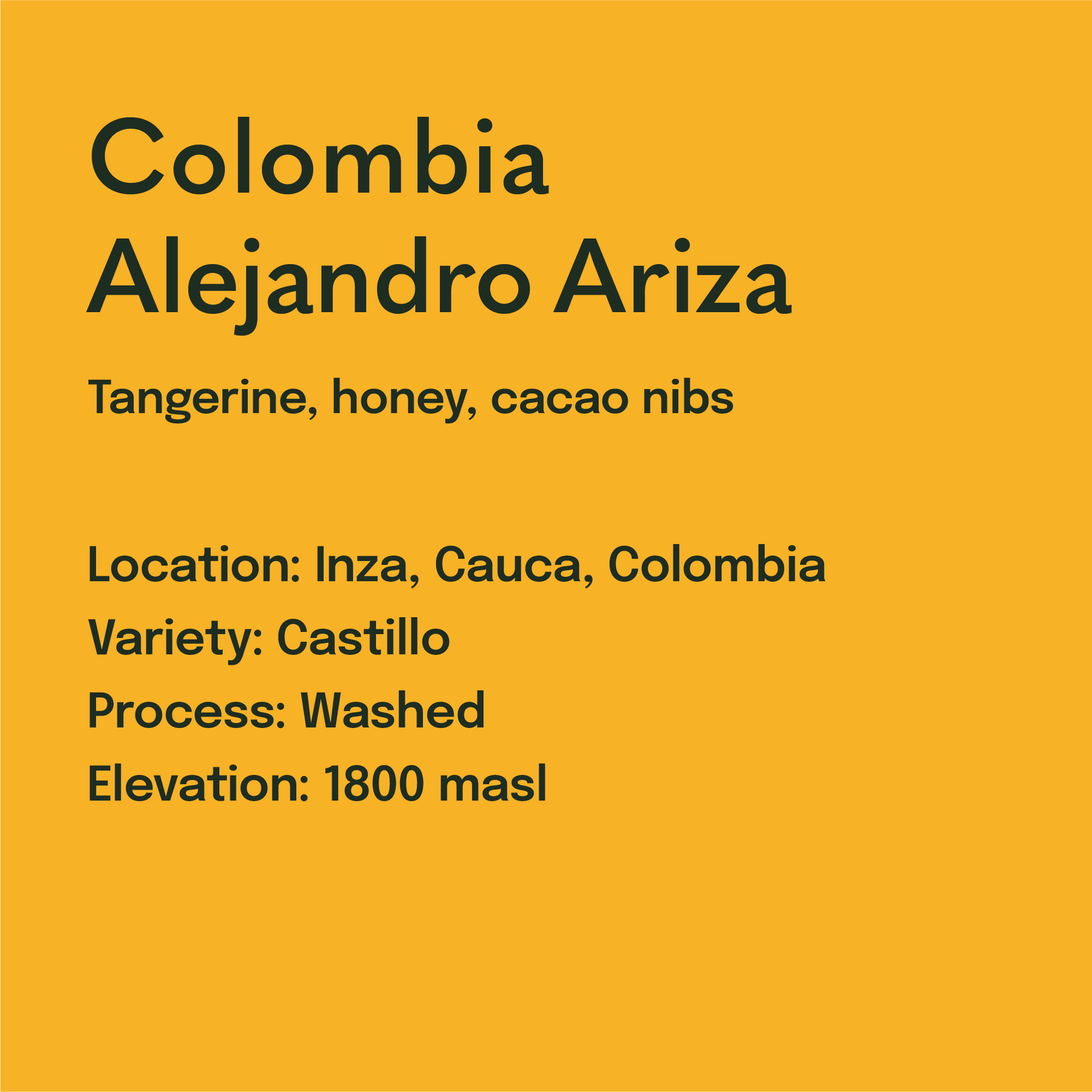 Text on an orange background with information about Colombia Alejandro Ariza coffee.