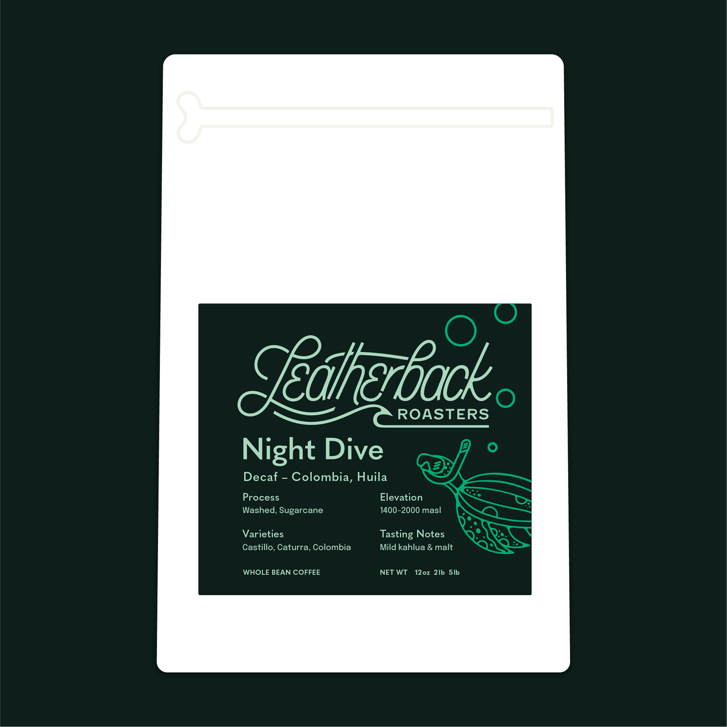 Night Dive EA sugarcane decaf coffee bag Colombia Huila - Leatherback Roasters Orlando Florida