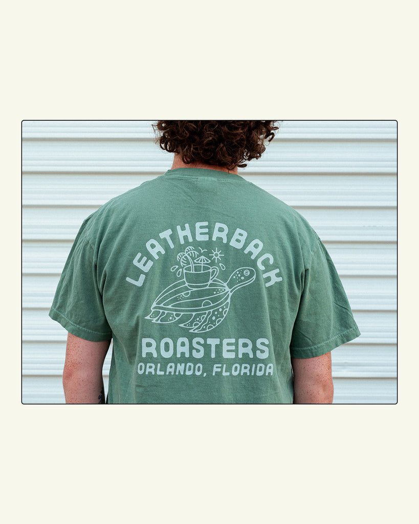 Leatherback Roasters tee shirt. Sage green sea turtle shirt back print