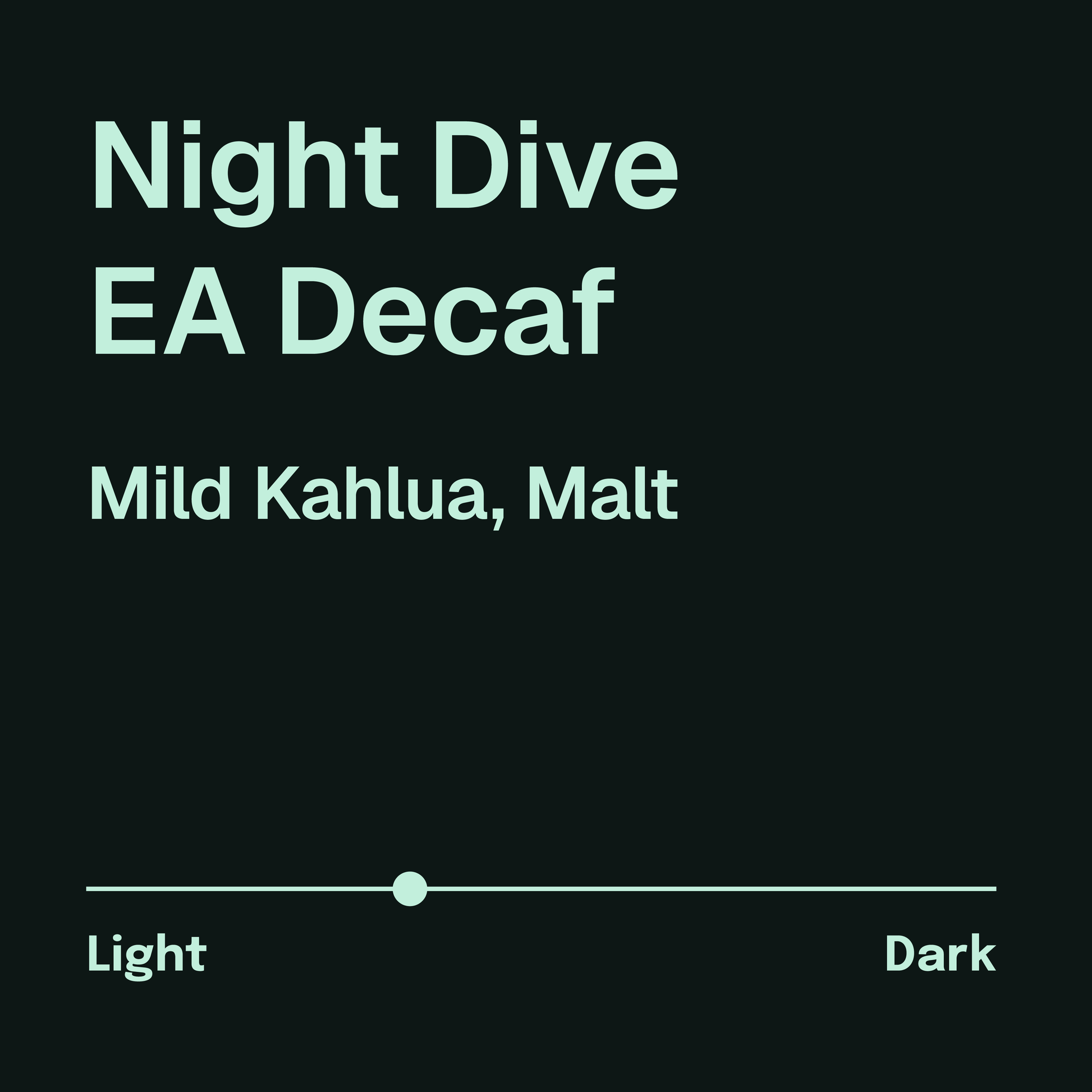 Night Dive EA Sugarcane Decaf Description. Tasting notes: Mild kahlua, malt. Medium-light roast. Light blue text on a navy background.