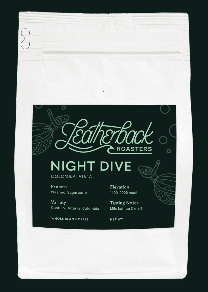 Night Dive Decaf single origin coffee. For late night sippin, or all day long. Colombia, Huila