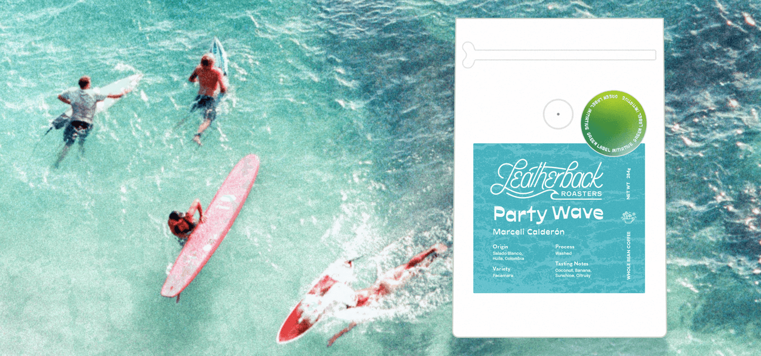 Leatherback Roasters 'Party Wave' Pacamara Marceli Calderón coffee package with people surfing in the background. Green Label Coffee Release.