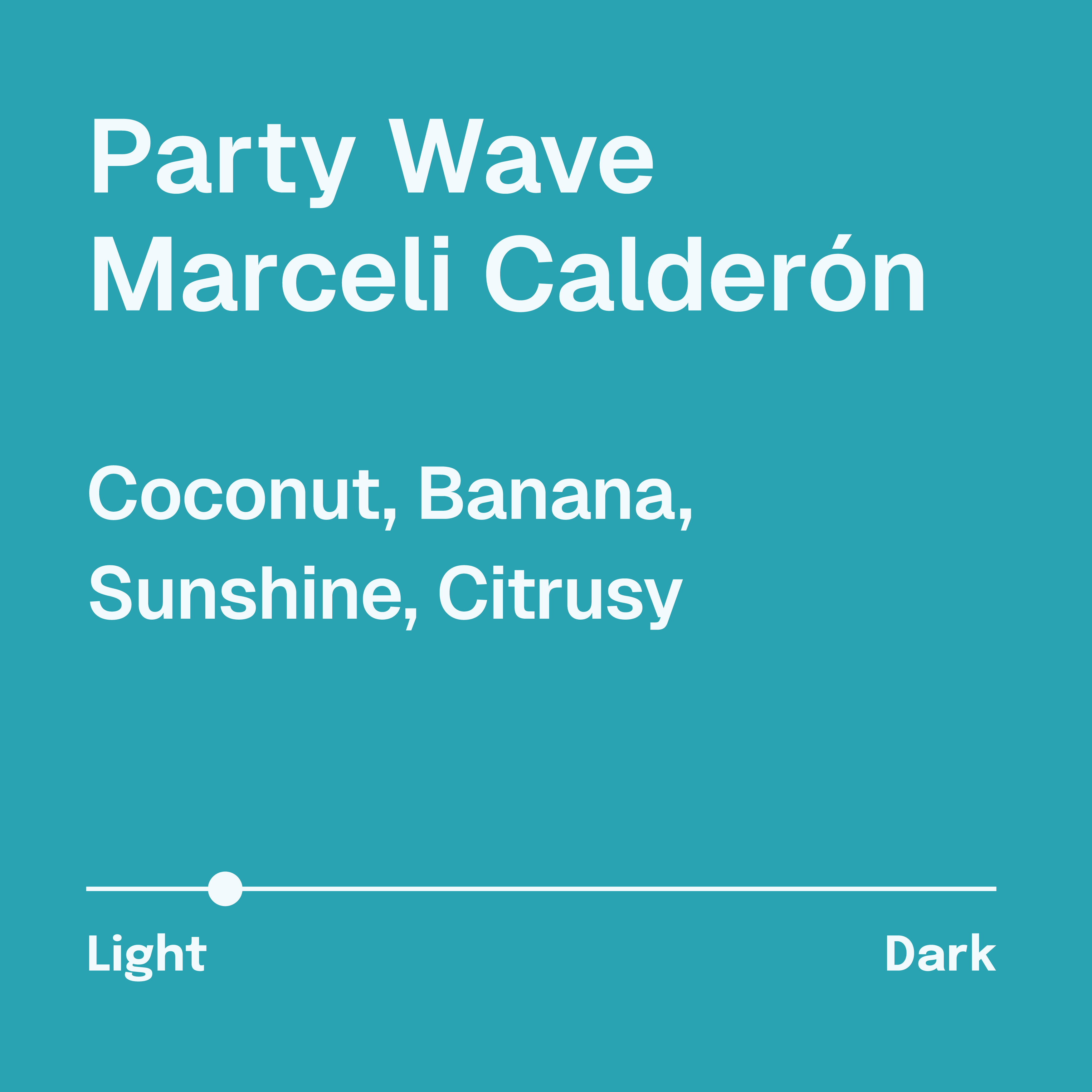 Party Wave Marceli Calderón Coffee Description. Tasting Notes: Coconut, Banana, Sunshine, Citrusy. Light Roast. Pacamara Coffee. White text on teal background.