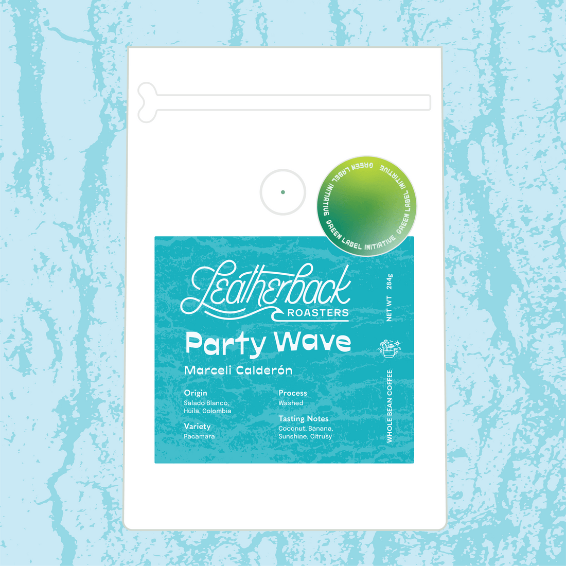 Single origin Colombia pacamara coffee called "party wave"