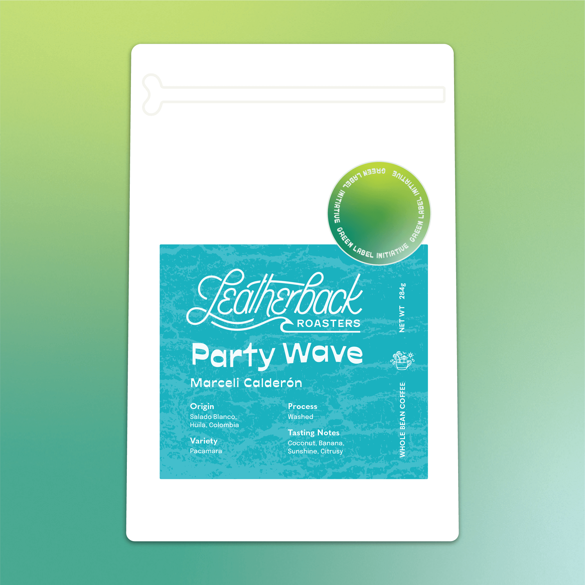 Leatherback Roasters coffee package on a green and white gradient background, labeled 'Party Wave Pacamara'