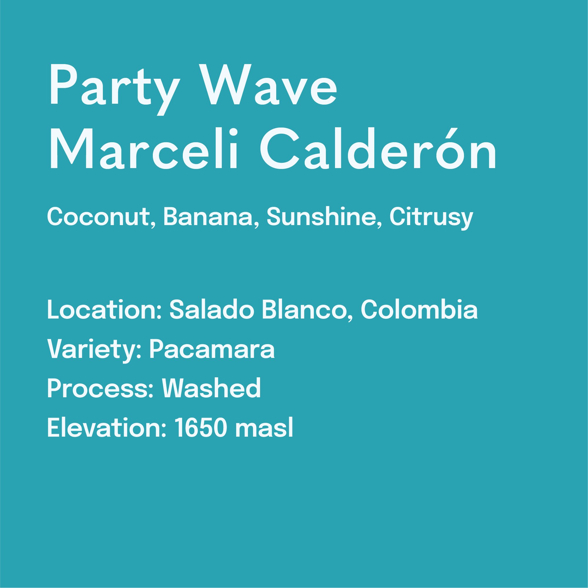 Teal background with white text detailing coffee information "Party Wave Pacamara" with tasting notes "coconut, banana, sunshine, citrusy"