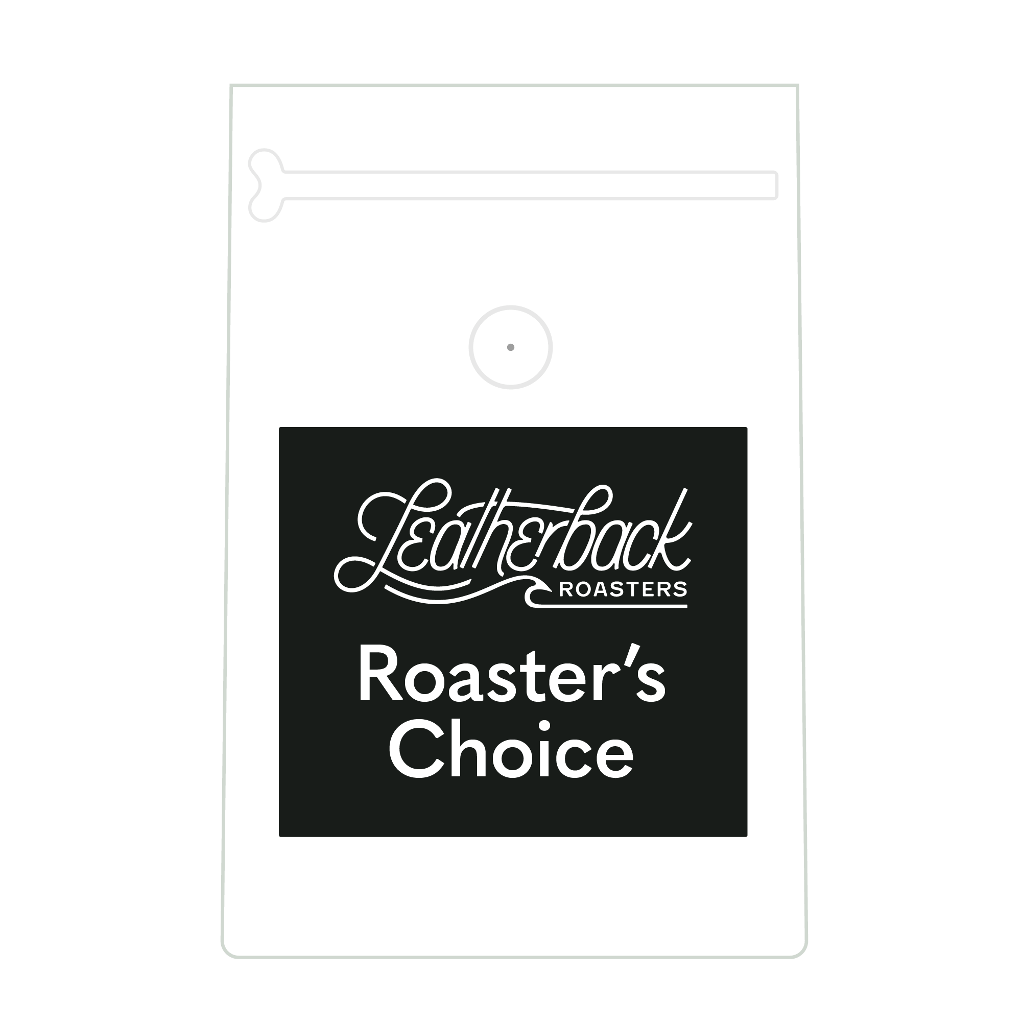 Leatherback Roasters coffee packaging with 'Roaster's Choice' text on a white background