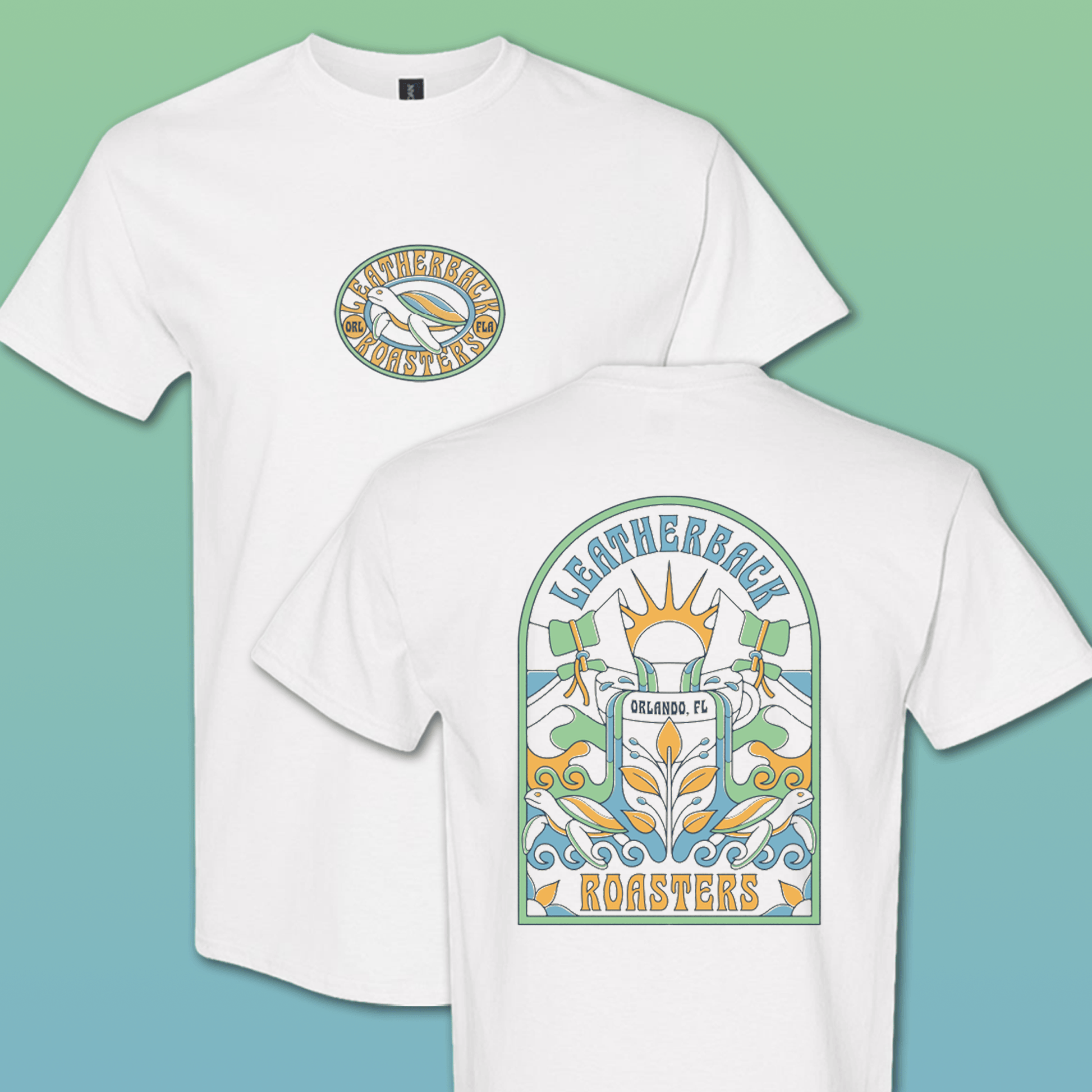 Two white t-shirts with colorful graphics on a green and blue gradient background