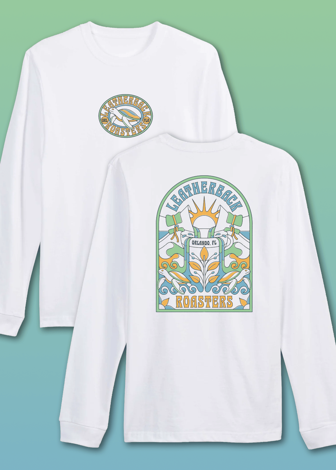 White long-sleeve shirt with colorful graphic design on a green background
