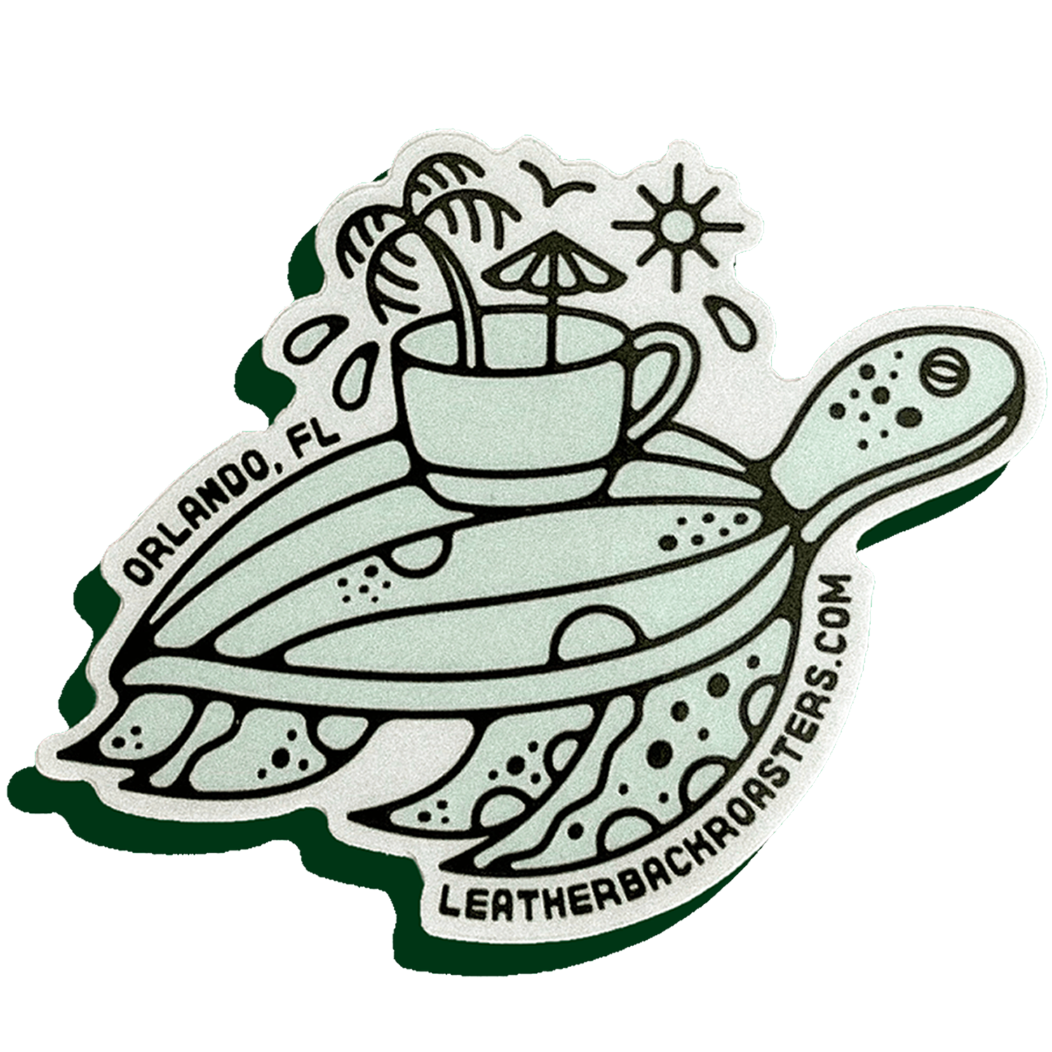 Turtle logo with a coffee cup and beach elements, featuring 'Orlando, FL' and 'Leatherback Roasters.com'.